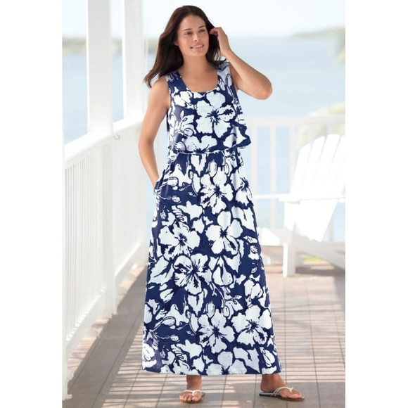 Woman Within 2X 26/28 Cotton Stretch Knit Tiered Maxi Dress Floral Sleeveless - Picture 1 of 9